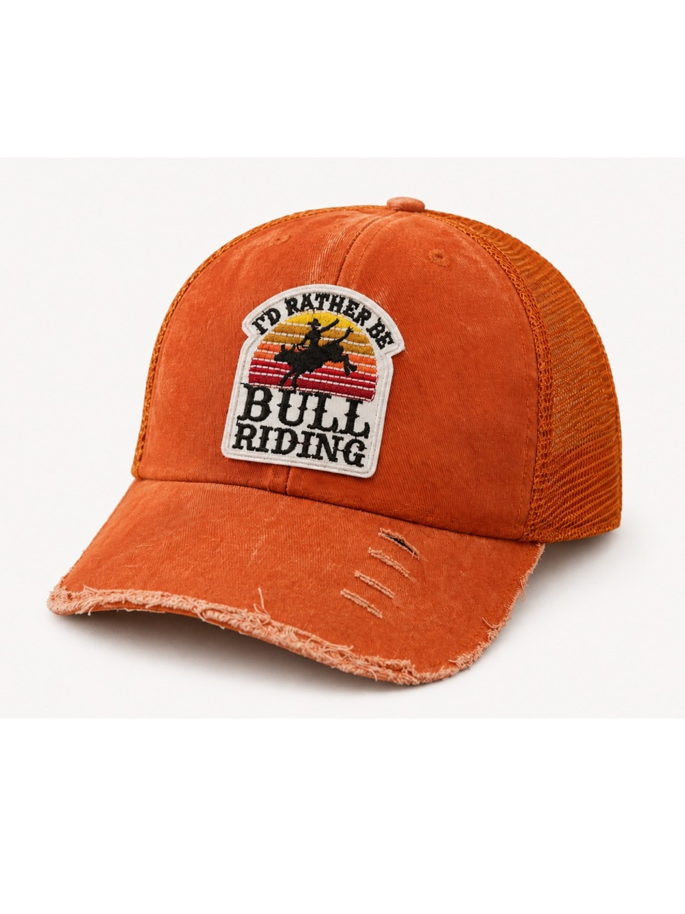 Bull Riding Patch Trucker Cap Distressed Orange